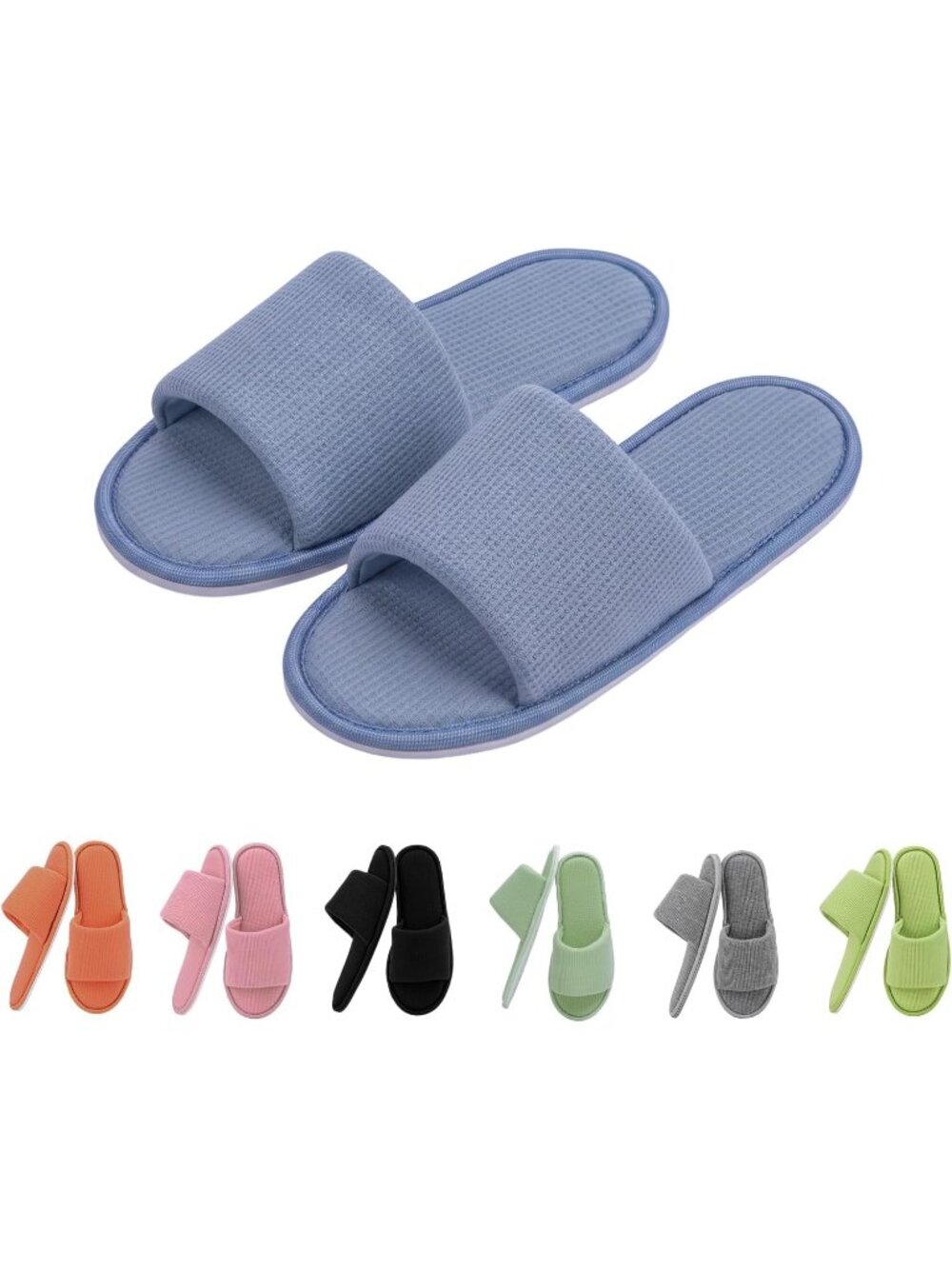 Women's Blue Waffle Fabric Memory Foam Cushioning Slip-On Open Toe Slippers